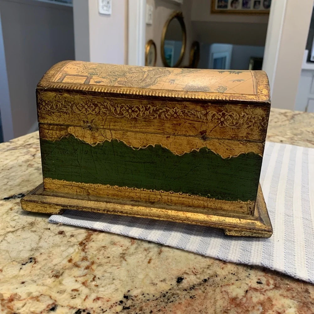 Vintage Italian Florentine Gold and Green Domed Decorative Box